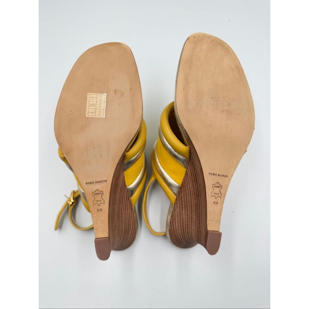 Tory Burch Yellow Metallic Puffy Leather Wedge Sandal Slingback Open Toe Size 9M - Picture 12 of 12